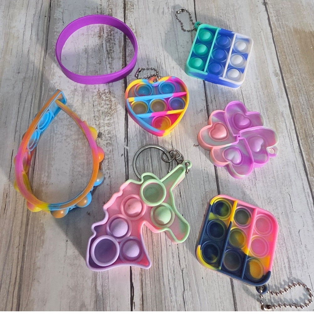 7pc Rainbow Fidget Toy Set Unicorn Heart Flower Silicone Sensory Poppers Kids